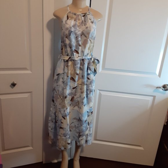 Pastel Blue Floral Wrap & Ruffled Halter Neck Sleeveless Belted Dress - Picture 6 of 15